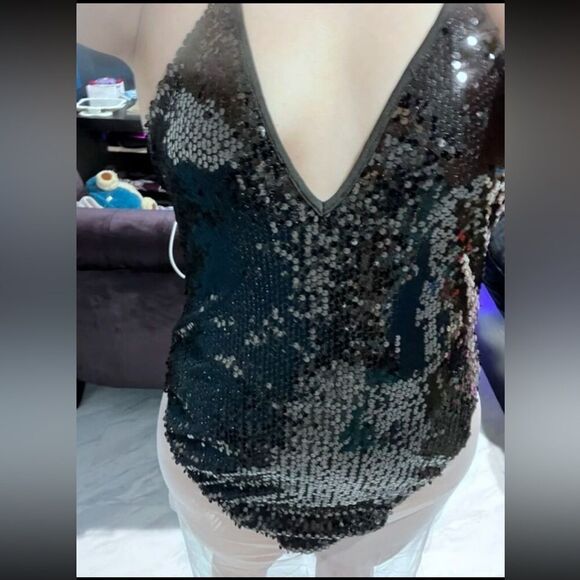 Y2K Black Sequined Halter Neck Backless Festival Mesh Nude Hem Mini Slip Dress - Picture 12 of 12